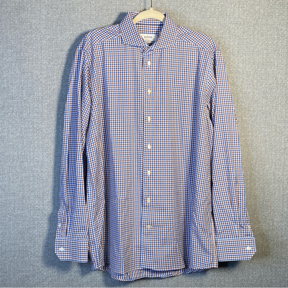 Eton Contemporary 17/43 XL Men’s Dress Shirt Spread Collar Blue Brown Gingham - Picture 2 of 8